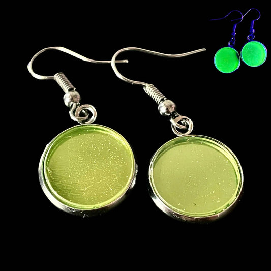 Handmade Uranium Glass Earrings in Black Metal – Art Deco Flat Circle Design Glowing Under UV Light