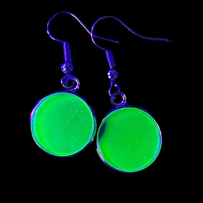 Handmade Uranium Glass Earrings in Black Metal – Art Deco Flat Circle Design Glowing Under UV Light