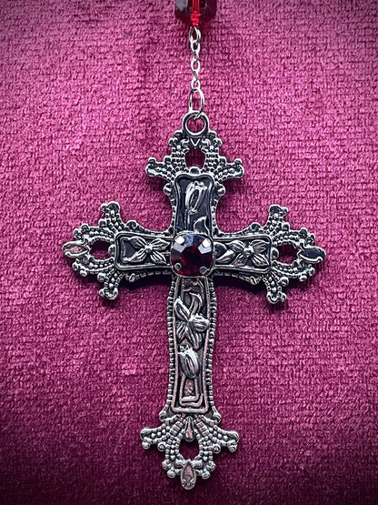 UV Reactive Vampire Rosary Made from Yellow Uranium Glass – Gothic Crimson Blood Halloween Cross Necklace