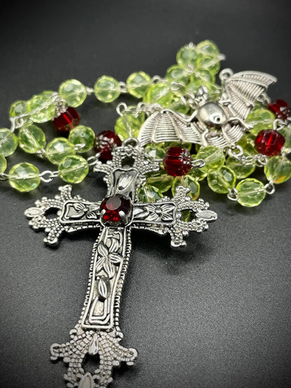 UV Reactive Vampire Rosary Made from Yellow Uranium Glass – Gothic Crimson Blood Halloween Cross Necklace