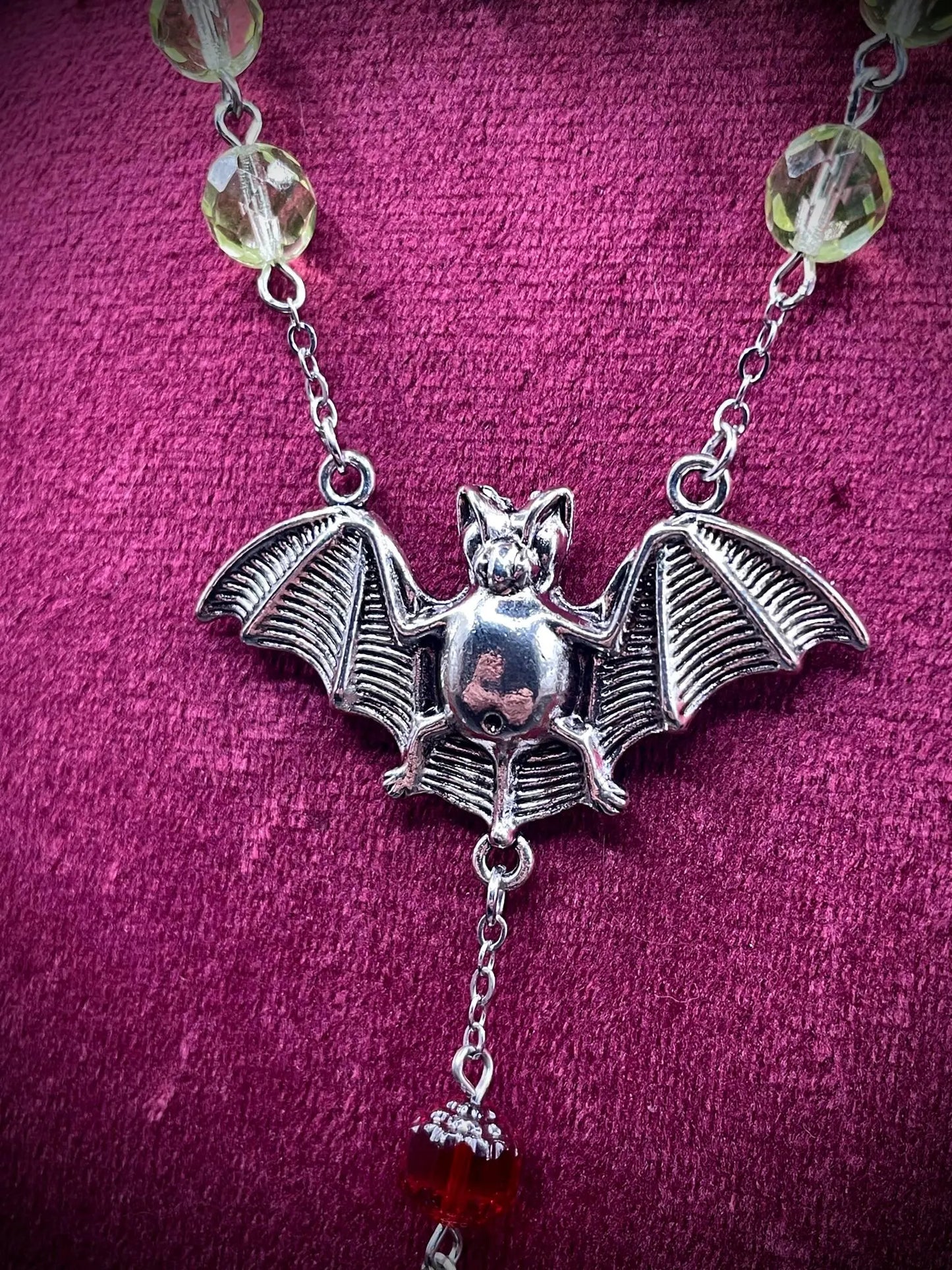 UV Reactive Vampire Rosary Made from Yellow Uranium Glass – Gothic Crimson Blood Halloween Cross Necklace