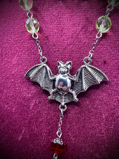 UV Reactive Vampire Rosary Made from Yellow Uranium Glass – Gothic Crimson Blood Halloween Cross Necklace