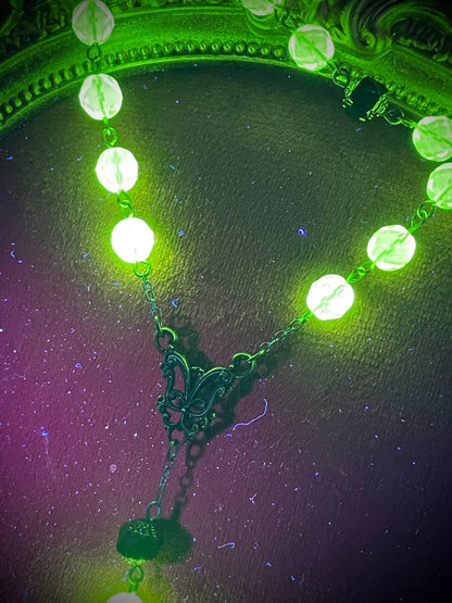 Dark Bronze Gothic Rosary Necklace Made of Uranium Vaseline Glass – 59-Beads Catholic Crucifix Glowing Under UV Light