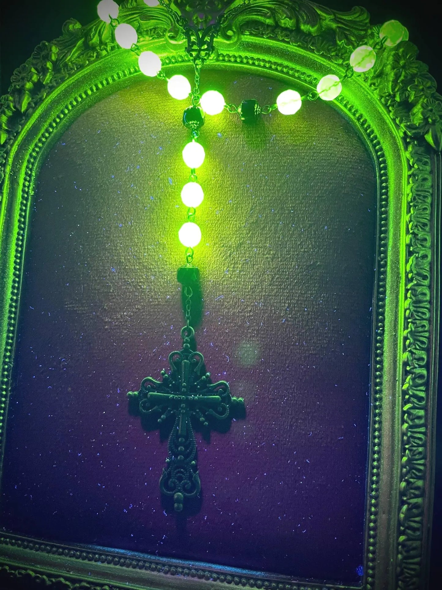 Dark Bronze Gothic Rosary Necklace Made of Uranium Vaseline Glass – 59-Beads Catholic Crucifix Glowing Under UV Light