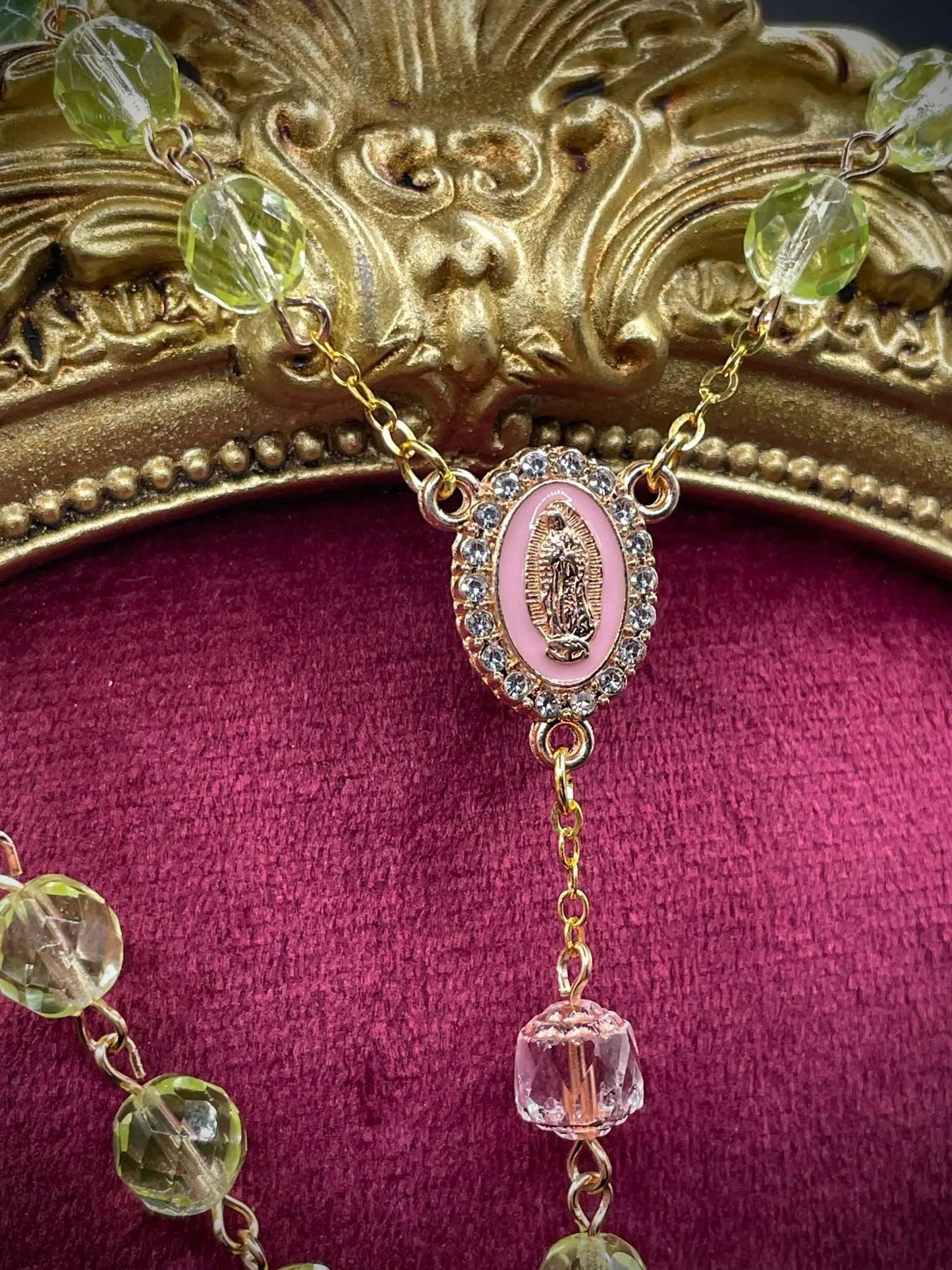 Pink Rose Gold Gothic Rosary Necklace with Uranium Vaseline Glass – 59 Beads Catholic Crucifix Glowing Under UV