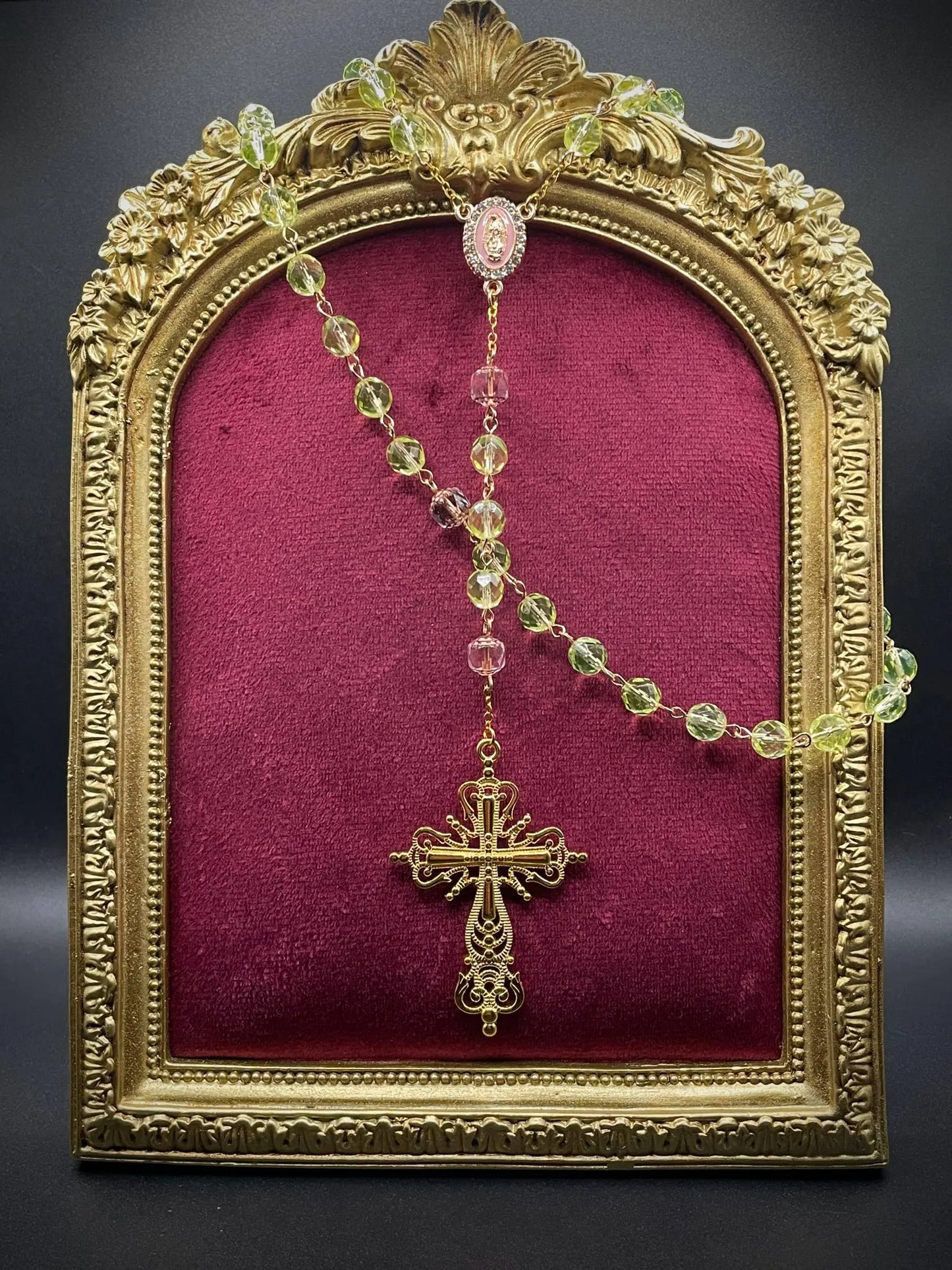 Pink Rose Gold Gothic Rosary Necklace with Uranium Vaseline Glass – 59 Beads Catholic Crucifix Glowing Under UV