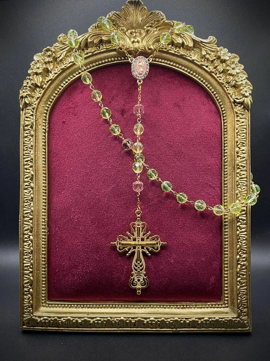 Pink Rose Gold Gothic Rosary Necklace with Uranium Vaseline Glass – 59 Beads Catholic Crucifix Glowing Under UV