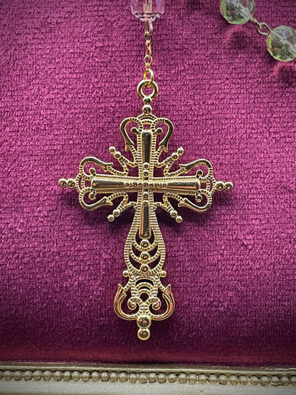 Pink Rose Gold Gothic Rosary Necklace with Uranium Vaseline Glass – 59 Beads Catholic Crucifix Glowing Under UV