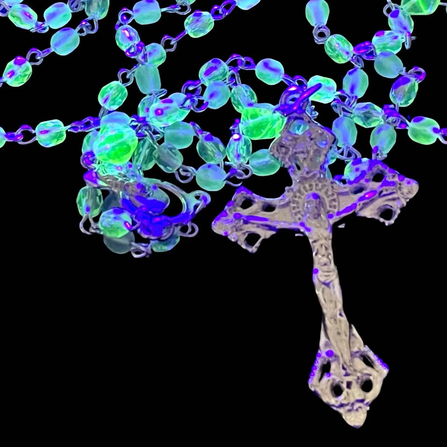 Glowing Rosary Necklace Made from Uranium Glass – Features Virgin Mary Medal and Jesus Crucifix | UV Reactive Catholic Prayer Jewelry