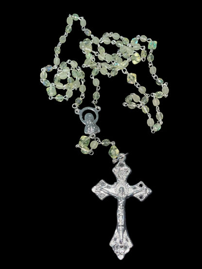 Glowing Rosary Necklace Made from Uranium Glass – Features Virgin Mary Medal and Jesus Crucifix | UV Reactive Catholic Prayer Jewelry