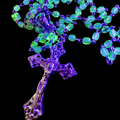 Glowing Rosary Necklace Made from Uranium Glass – Features Virgin Mary Medal and Jesus Crucifix | UV Reactive Catholic Prayer Jewelry