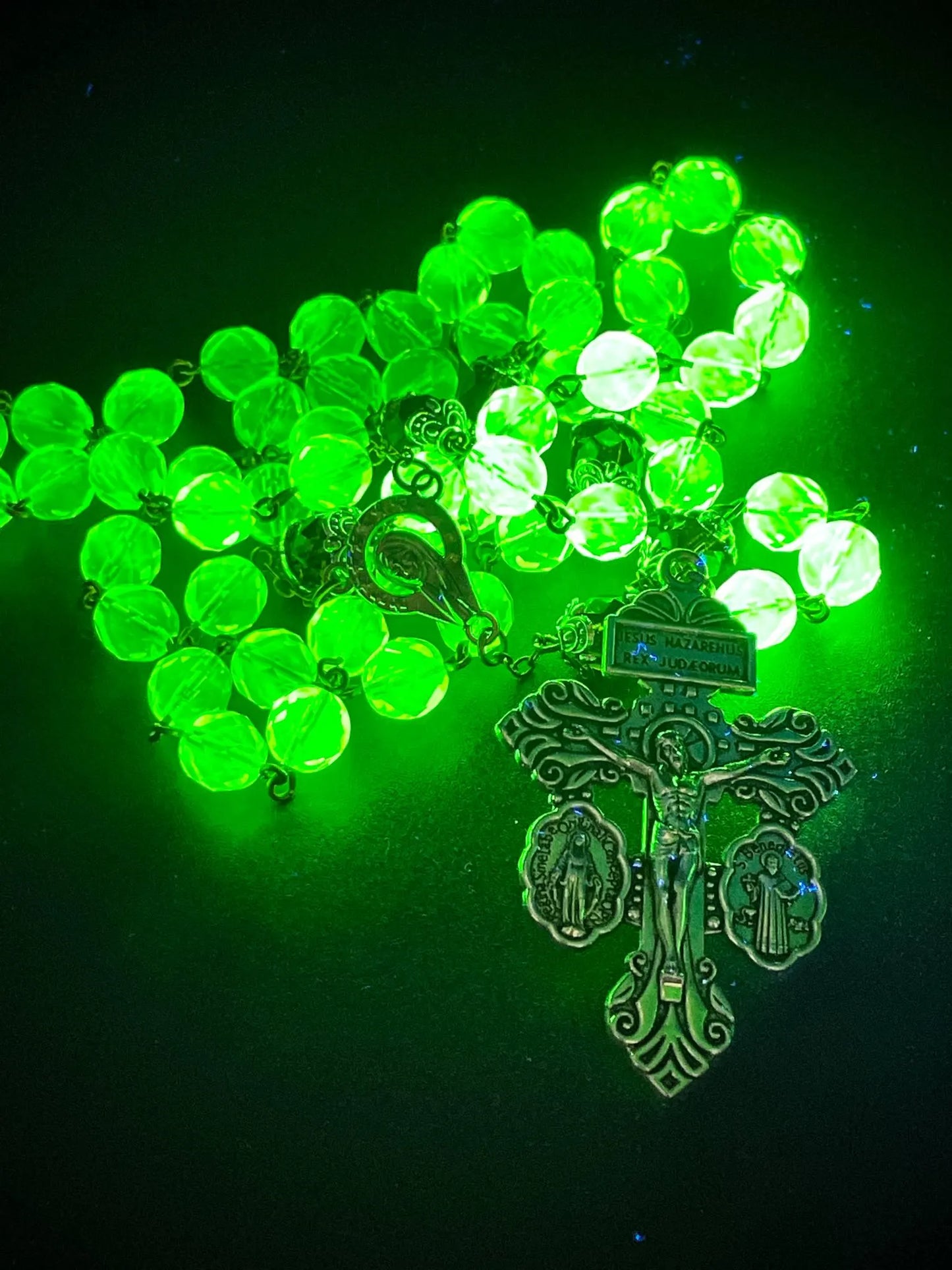Uranium Glass Rosary Necklace with Jesus, Virgin Mary & St. Benedict Medal | Purple Vaseline Beads Necklace | Glowing Catholic Cross Featuring 59 UV Reactive Beads for Devout Prayer
