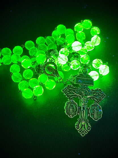 Uranium Glass Rosary Necklace with Jesus, Virgin Mary & St. Benedict Medal | Purple Vaseline Beads Necklace | Glowing Catholic Cross Featuring 59 UV Reactive Beads for Devout Prayer