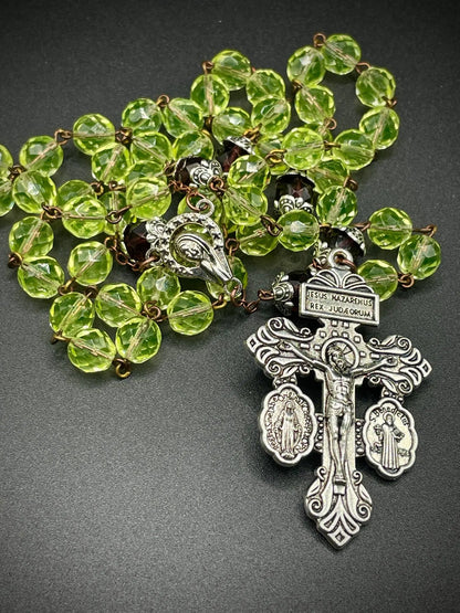 Uranium Glass Rosary Necklace with Jesus, Virgin Mary & St. Benedict Medal | Purple Vaseline Beads Necklace | Glowing Catholic Cross Featuring 59 UV Reactive Beads for Devout Prayer