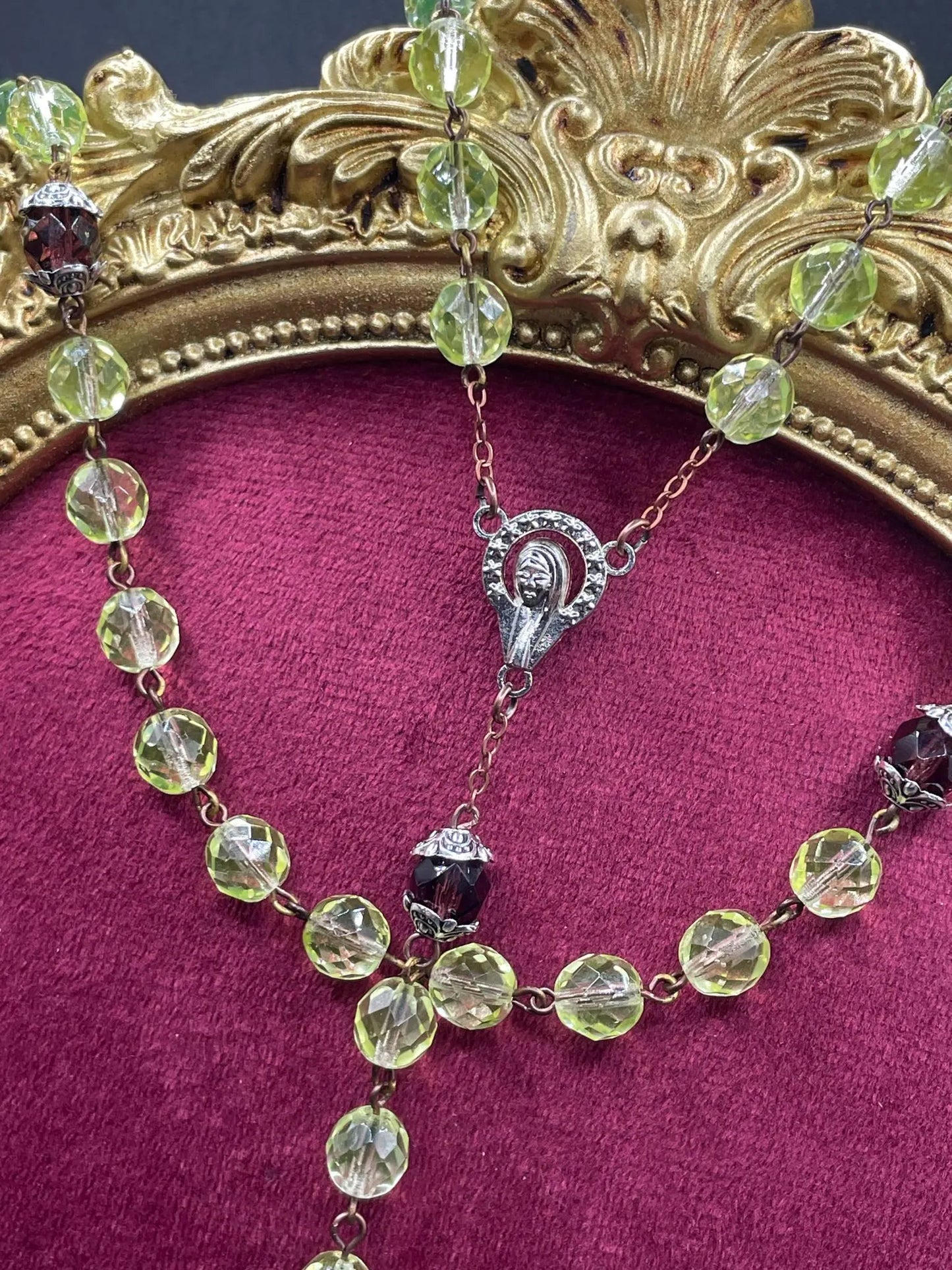 Uranium Glass Rosary Necklace with Jesus, Virgin Mary & St. Benedict Medal | Purple Vaseline Beads Necklace | Glowing Catholic Cross Featuring 59 UV Reactive Beads for Devout Prayer