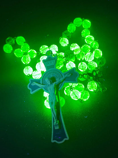 Uranium Glass Jesus Rosary with Green Fire-Polished Beads | Vaseline Bronze Necklace & Green-Black Crucifix | Radiant Glow Under UV Light