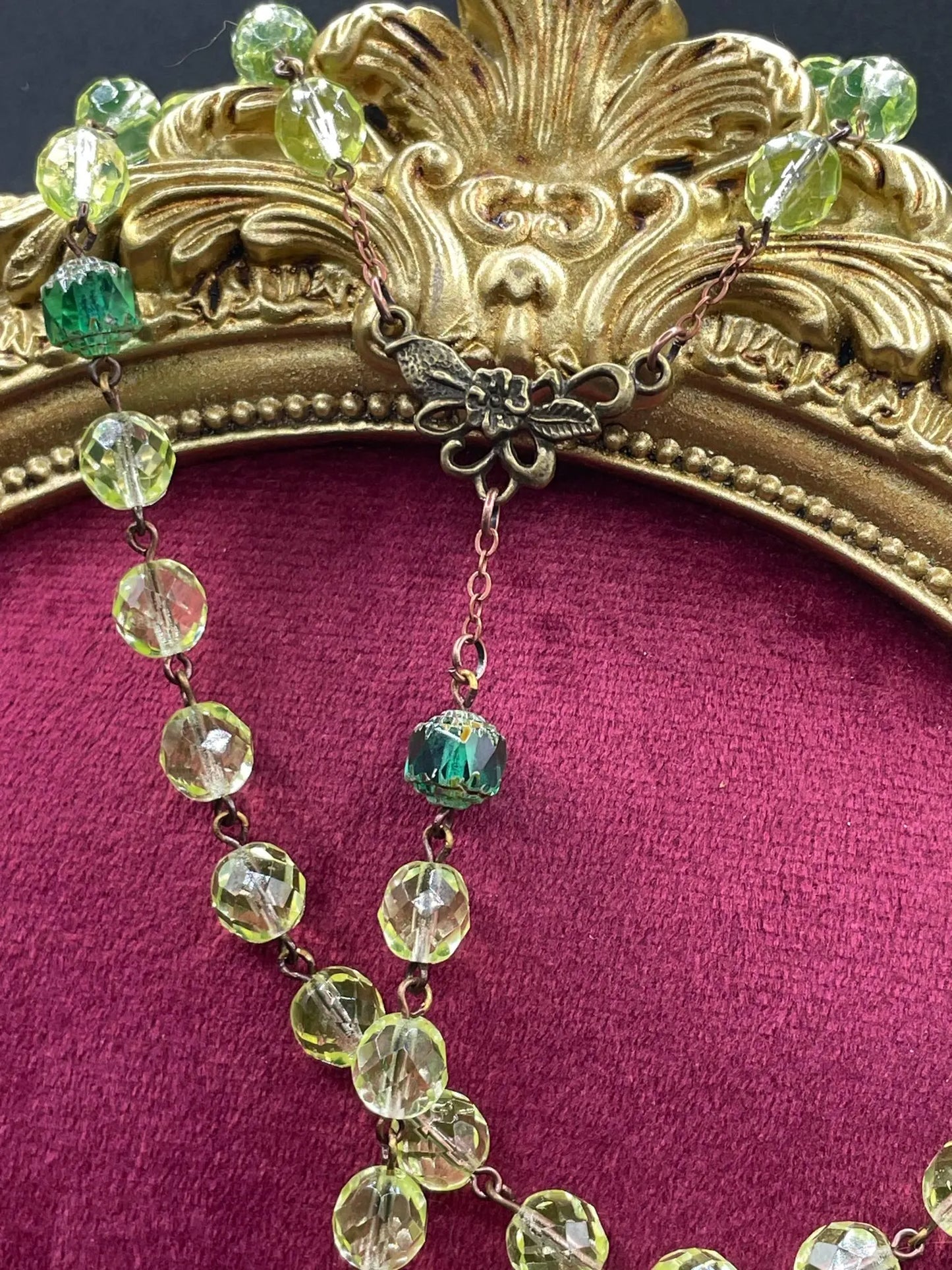 Uranium Glass Jesus Rosary with Green Fire-Polished Beads | Vaseline Bronze Necklace & Green-Black Crucifix | Radiant Glow Under UV Light