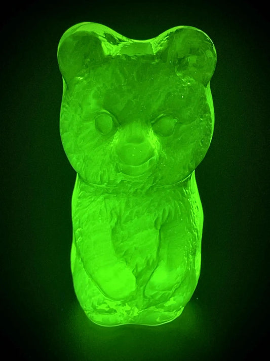 Cute Bear Figurine Made from Uranium Glass | Yellow Vaseline Wildlife Statue | Forest Mammal Teddy Animal | Glows Bright Green Under UV Light