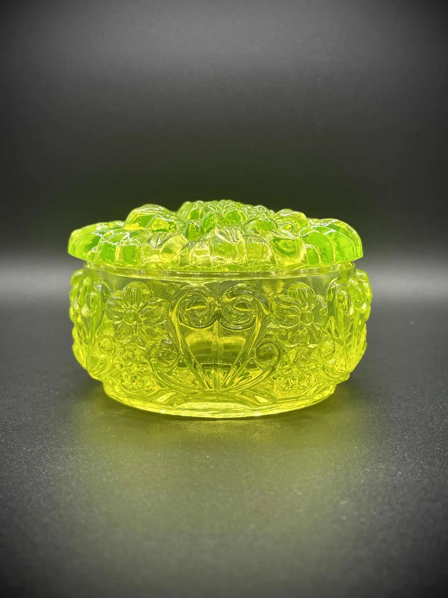 Sunflower Jewelry Box (Summer) From Uranium Glass | Yellow Vaseline Trinket Container | Decorative Helianthus Bloom | Glows Vividly Green Under UV Light