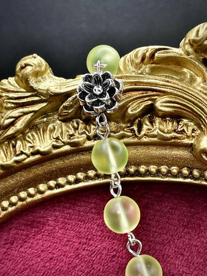 Yellow Vaseline Uranium Glass Rosary with Gothic Floral Amulet – Lotus & Rose Design Glowing Under UV Light