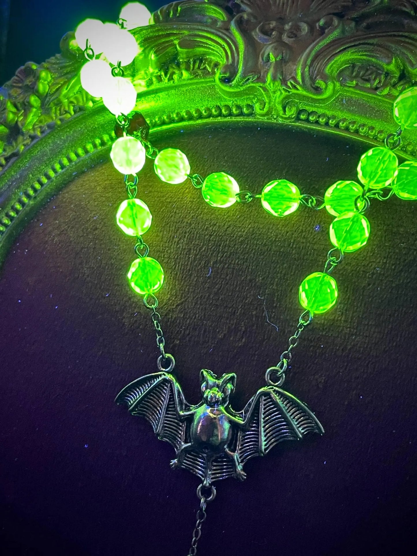 UV Reactive Vampire Rosary Made from Yellow Uranium Glass – Gothic Crimson Blood Halloween Cross Necklace