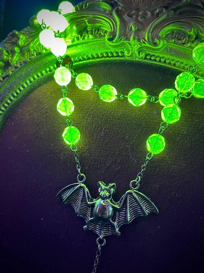 UV Reactive Vampire Rosary Made from Yellow Uranium Glass – Gothic Crimson Blood Halloween Cross Necklace