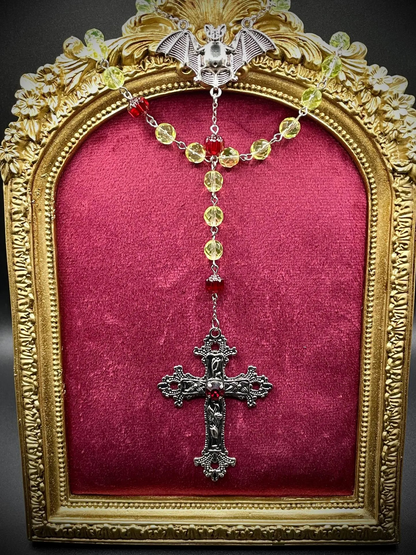 UV Reactive Vampire Rosary Made from Yellow Uranium Glass – Gothic Crimson Blood Halloween Cross Necklace