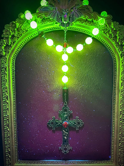 UV Reactive Vampire Rosary Made from Yellow Uranium Glass – Gothic Crimson Blood Halloween Cross Necklace