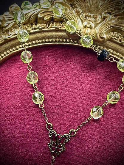 Dark Bronze Gothic Rosary Necklace Made of Uranium Vaseline Glass – 59-Beads Catholic Crucifix Glowing Under UV Light