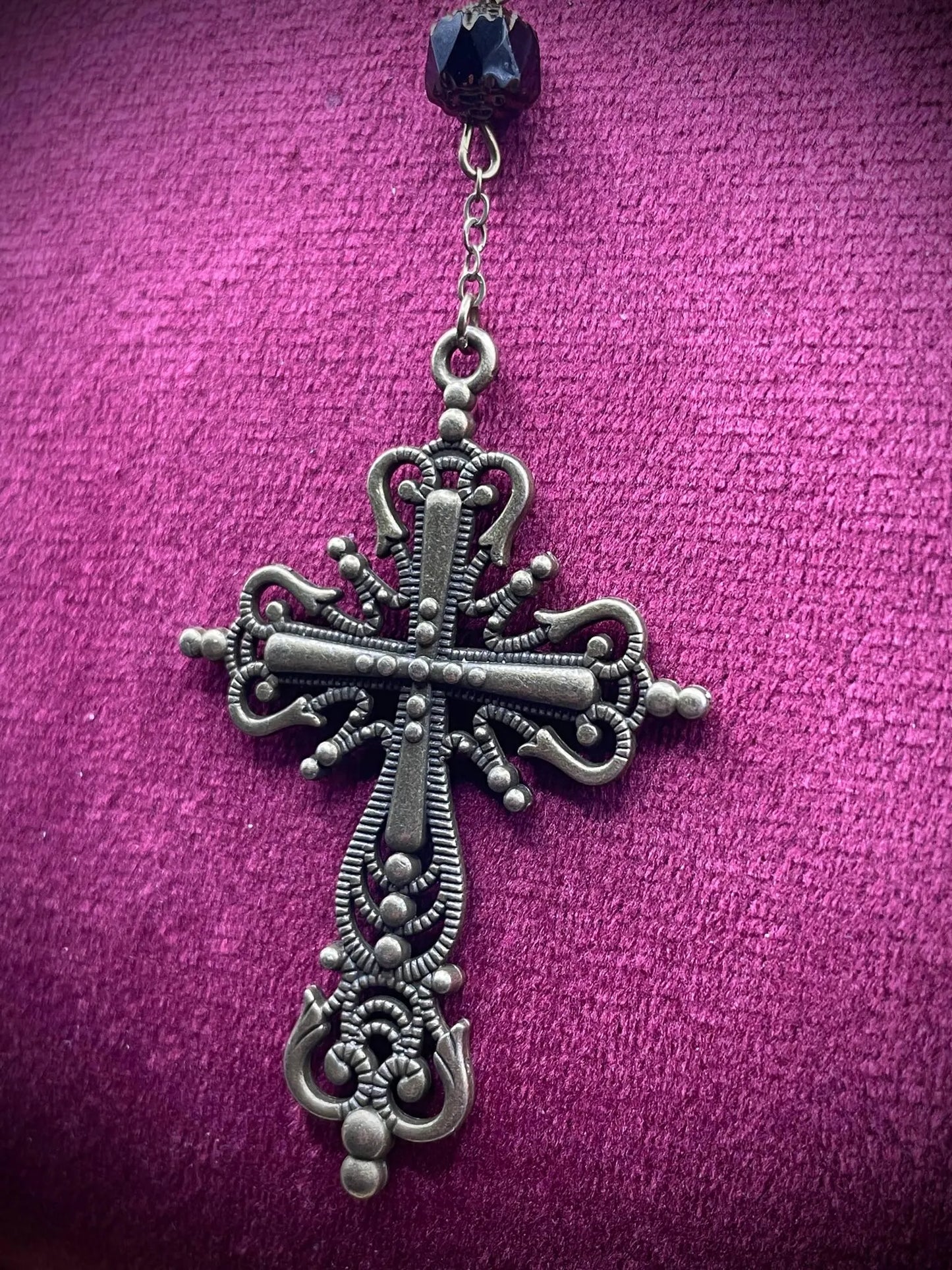 Dark Bronze Gothic Rosary Necklace Made of Uranium Vaseline Glass – 59-Beads Catholic Crucifix Glowing Under UV Light