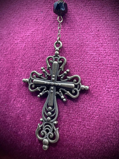 Dark Bronze Gothic Rosary Necklace Made of Uranium Vaseline Glass – 59-Beads Catholic Crucifix Glowing Under UV Light