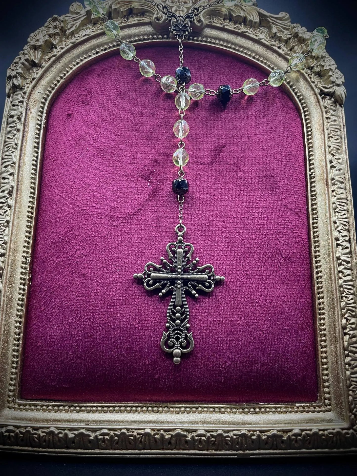 Dark Bronze Gothic Rosary Necklace Made of Uranium Vaseline Glass – 59-Beads Catholic Crucifix Glowing Under UV Light