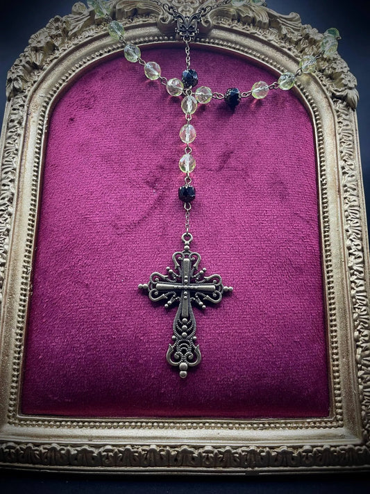 Dark Bronze Gothic Rosary Necklace Made of Uranium Vaseline Glass – 59-Beads Catholic Crucifix Glowing Under UV Light