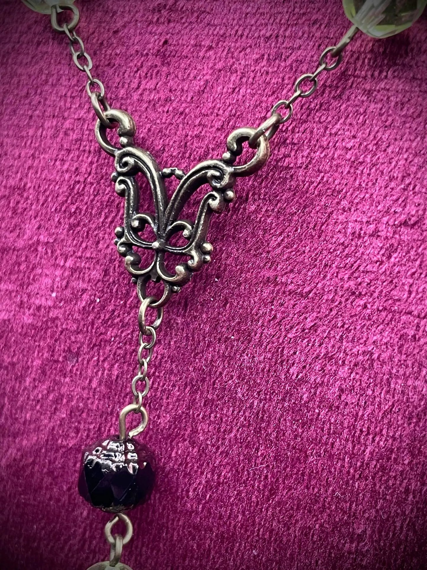Dark Bronze Gothic Rosary Necklace Made of Uranium Vaseline Glass – 59-Beads Catholic Crucifix Glowing Under UV Light