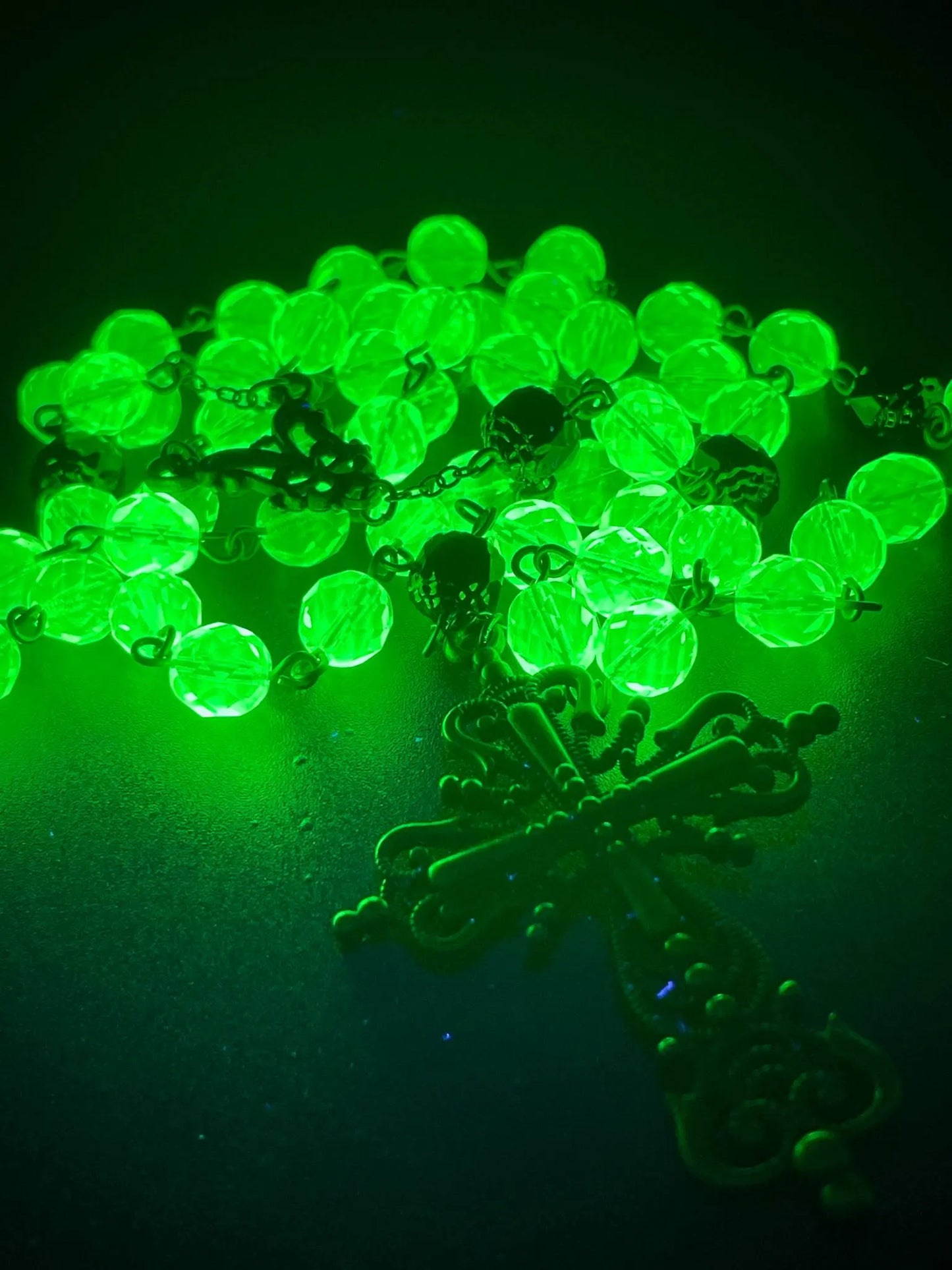 Dark Bronze Gothic Rosary Necklace Made of Uranium Vaseline Glass – 59-Beads Catholic Crucifix Glowing Under UV Light