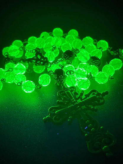Dark Bronze Gothic Rosary Necklace Made of Uranium Vaseline Glass – 59-Beads Catholic Crucifix Glowing Under UV Light