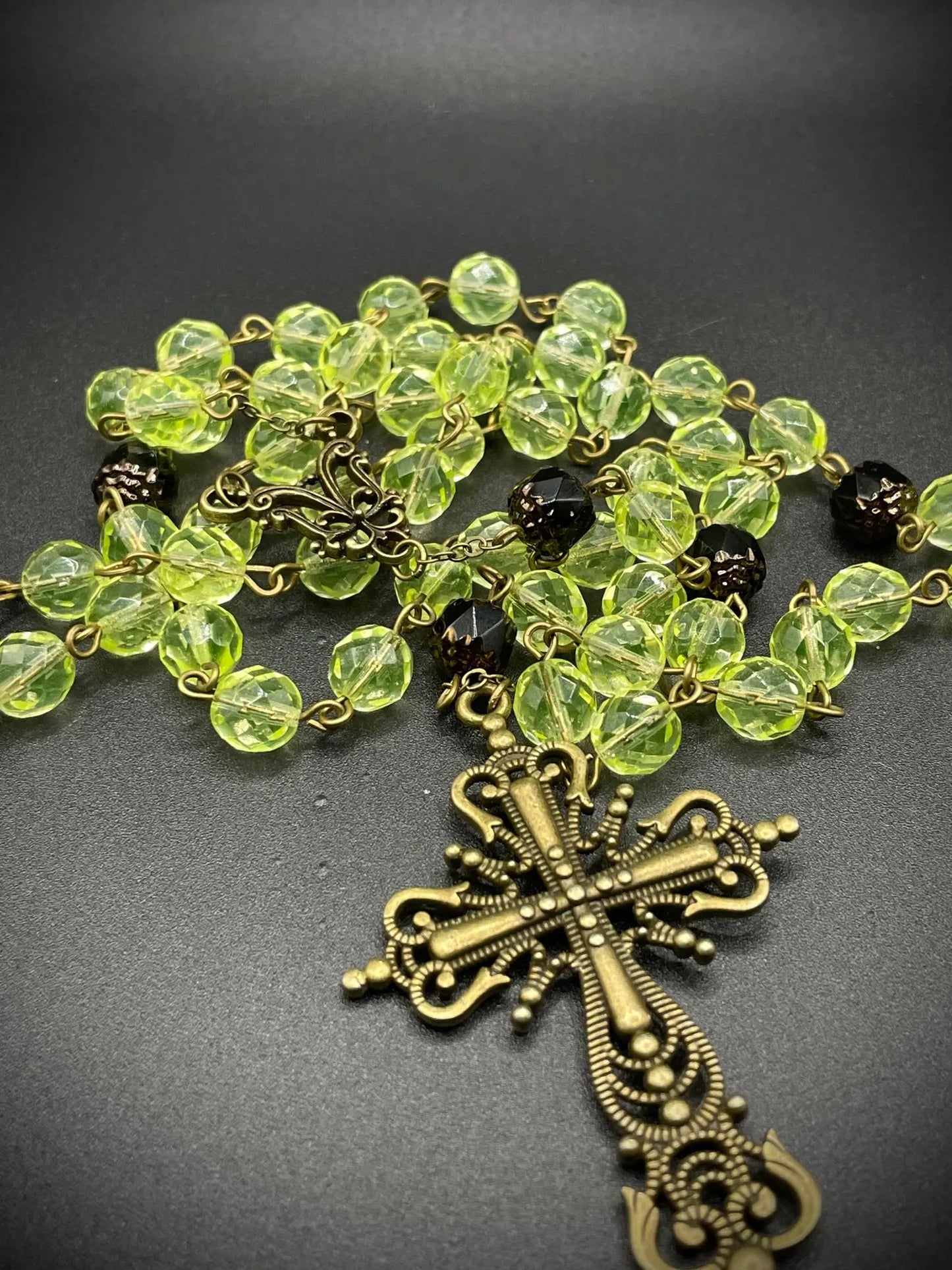 Dark Bronze Gothic Rosary Necklace Made of Uranium Vaseline Glass – 59-Beads Catholic Crucifix Glowing Under UV Light