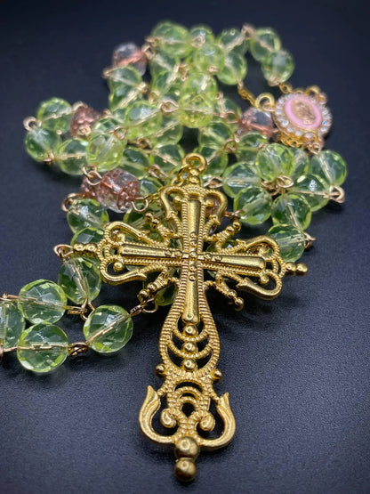 Pink Rose Gold Gothic Rosary Necklace with Uranium Vaseline Glass – 59 Beads Catholic Crucifix Glowing Under UV