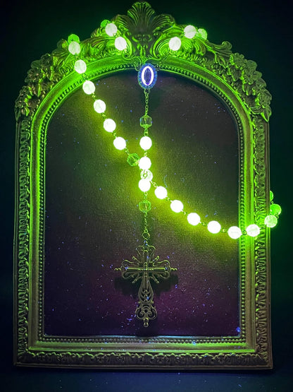 Pink Rose Gold Gothic Rosary Necklace with Uranium Vaseline Glass – 59 Beads Catholic Crucifix Glowing Under UV