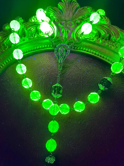 Uranium Glass Rosary Necklace with Jesus, Virgin Mary & St. Benedict Medal | Purple Vaseline Beads Necklace | Glowing Catholic Cross Featuring 59 UV Reactive Beads for Devout Prayer