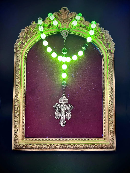 Uranium Glass Rosary Necklace with Jesus, Virgin Mary & St. Benedict Medal | Purple Vaseline Beads Necklace | Glowing Catholic Cross Featuring 59 UV Reactive Beads for Devout Prayer