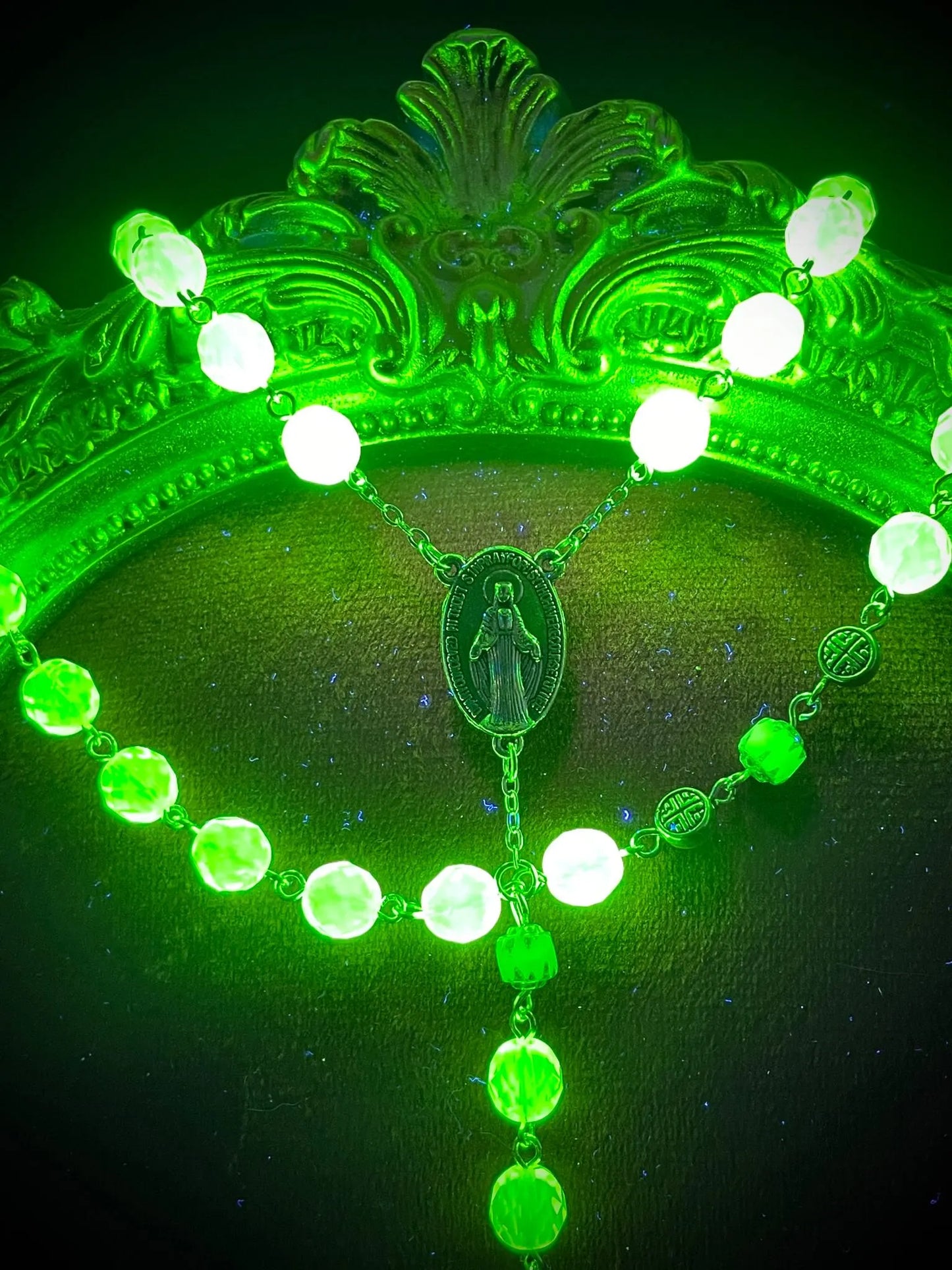 Blue Fire-Polished Uranium Glass Rosary Necklace | Yellow Vaseline Jewelry with Virgin Mary Medal & Silver Details | UV Light Reactive Catholic Beads