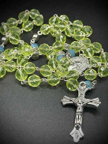 Blue Fire-Polished Uranium Glass Rosary Necklace | Yellow Vaseline Jewelry with Virgin Mary Medal & Silver Details | UV Light Reactive Catholic Beads