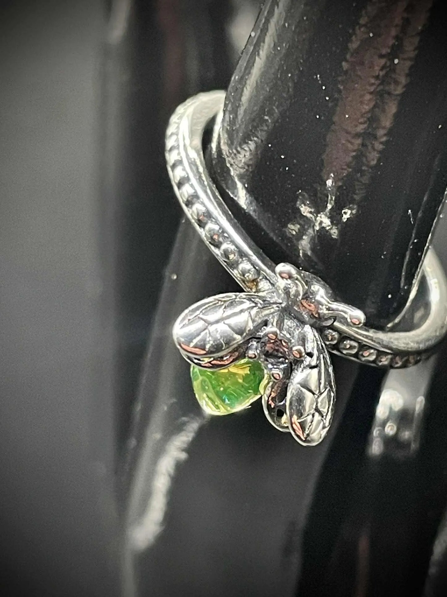 Uranium Glass Firefly Ring (Sizes 7 & 8) | Yellow Vaseline Glass Insect Jewelry | Glows Brightly Under UV Light | Silver Luminous Miniature Bug