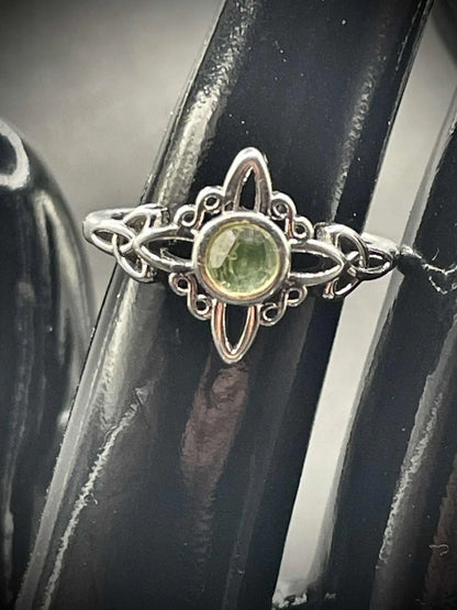 Faceted Uranium Glass Ring (Size 7) with Moon & Star Motif | Glowing Yellow Vaseline Stone Under UV Light | Handmade Silver Statement Jewelry