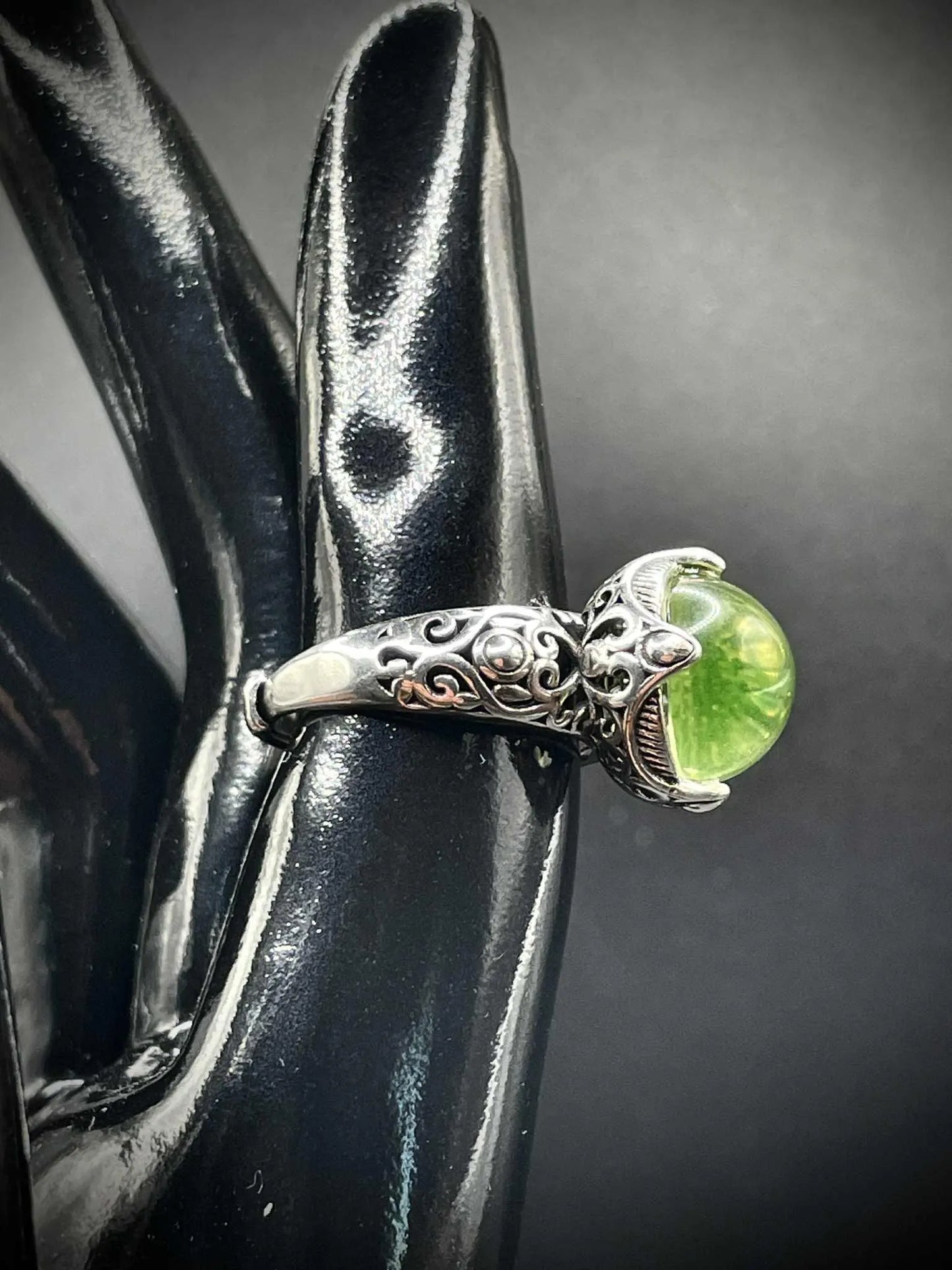 Adjustable Uranium Glass Pearl Ring | Rounded Yellow Vaseline Ball Glows Green Under UV Light | Handmade Silver Luminous Jewelry Piece