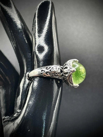 Adjustable Uranium Glass Pearl Ring | Rounded Yellow Vaseline Ball Glows Green Under UV Light | Handmade Silver Luminous Jewelry Piece
