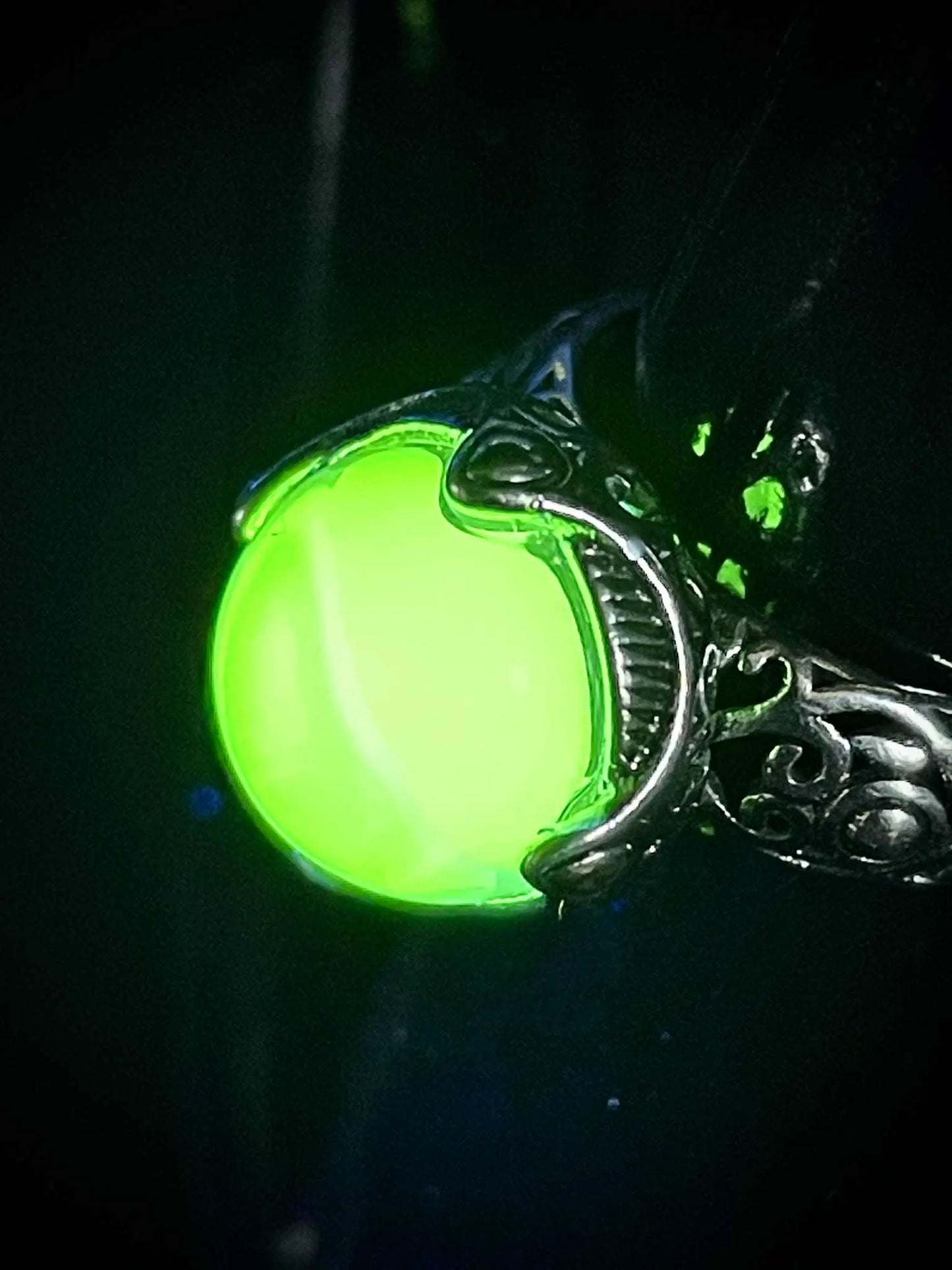Adjustable Uranium Glass Pearl Ring | Rounded Yellow Vaseline Ball Glows Green Under UV Light | Handmade Silver Luminous Jewelry Piece