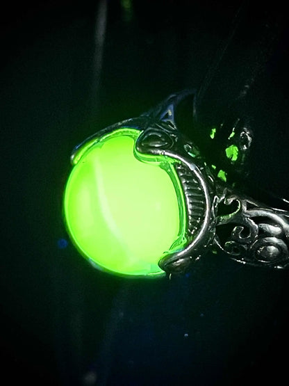 Adjustable Uranium Glass Pearl Ring | Rounded Yellow Vaseline Ball Glows Green Under UV Light | Handmade Silver Luminous Jewelry Piece