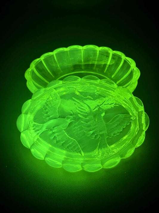 Holy (Dove) Jewelry Box | Yellow Uranium Glass Vaseline Trinket Bird Ornament | Glows Brightly Green Under UV Light | Flying Pigeon Design